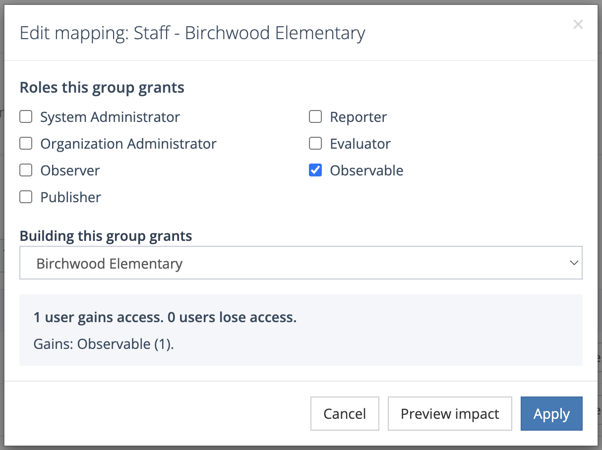 The Edit mapping window with a preview showing one user gains the Observable role