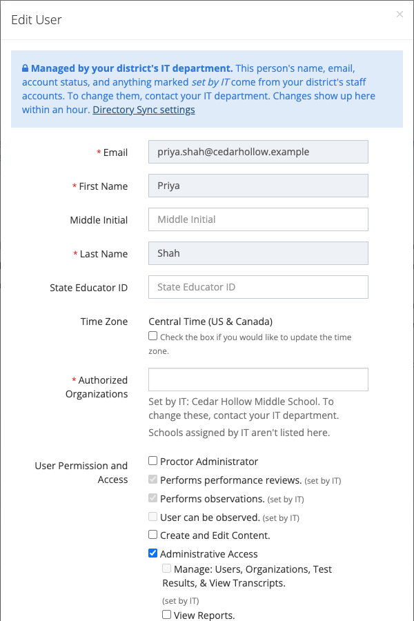 The Edit User window for a directory user, with name and email locked and directory-granted roles disabled