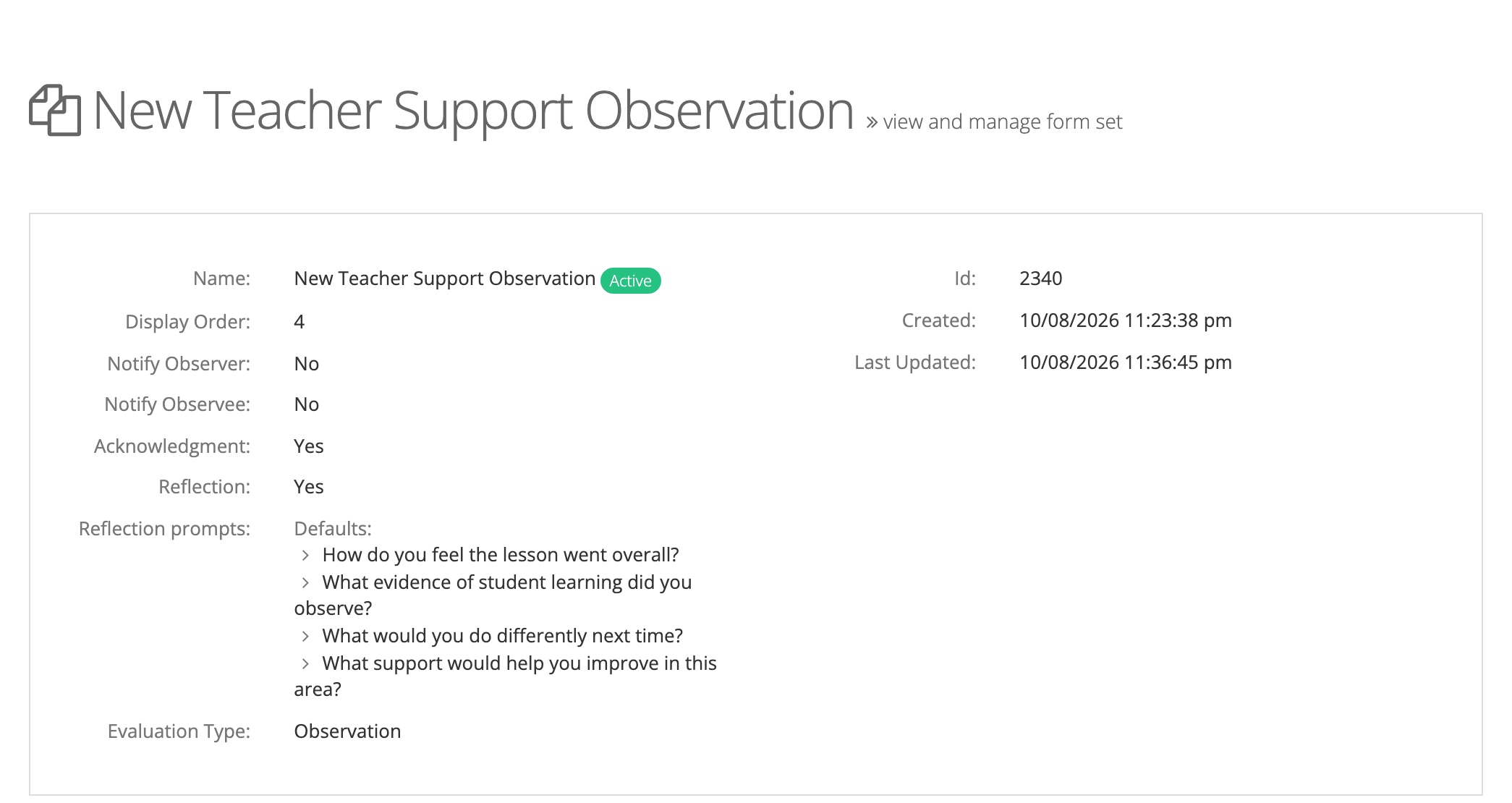 A Form Set page showing Acknowledgment: Yes, Reflection: Yes, and the default reflection prompts
