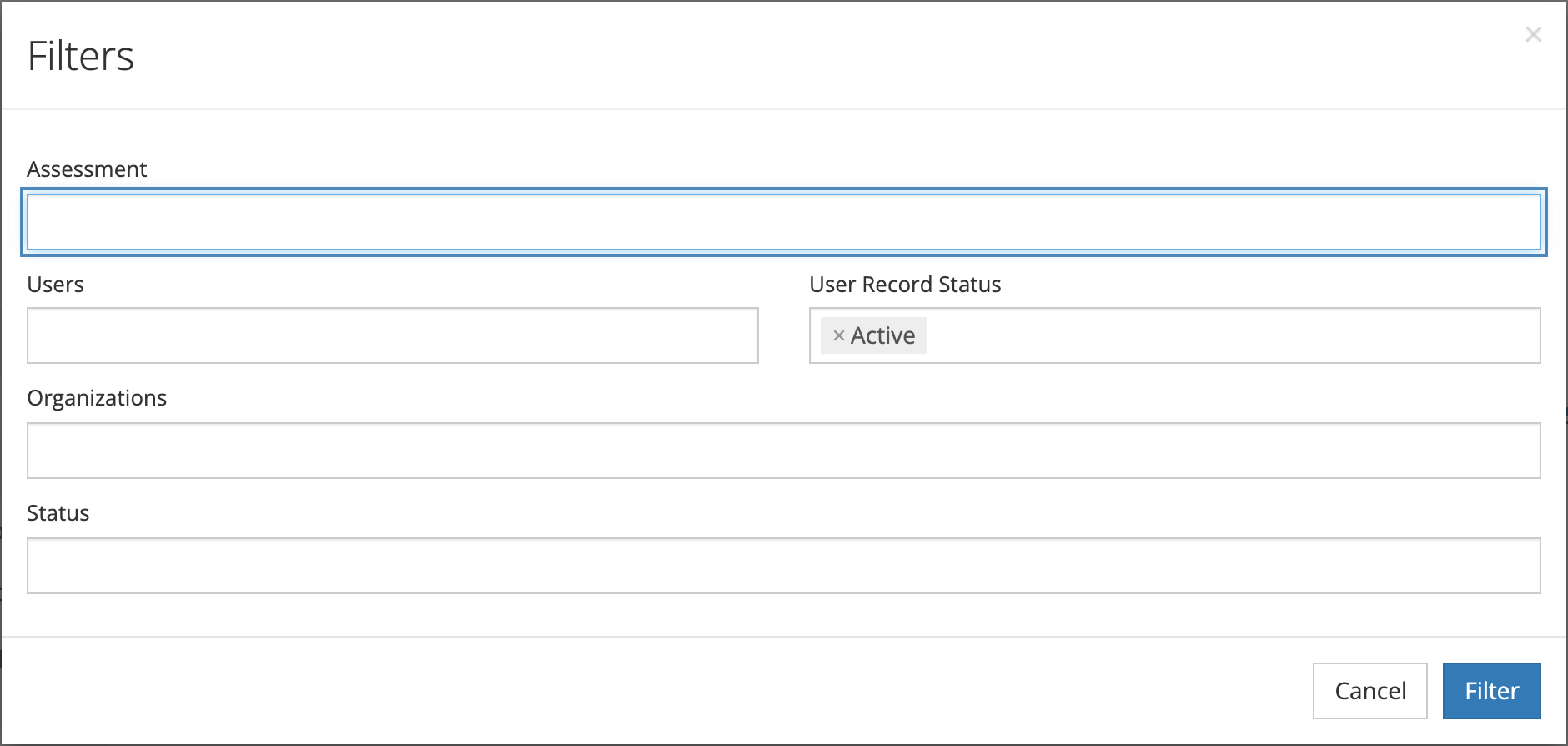 Assessment Progress filters: Assessment, Users, User Record Status set to Active, Organizations, and Status