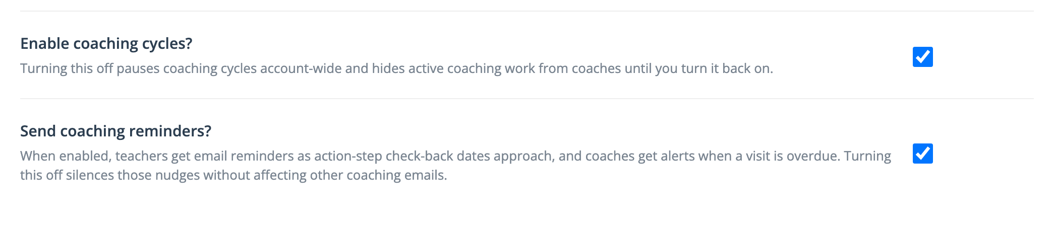 The two coaching switches on the Observe Settings page: Enable coaching cycles? and Send coaching reminders?, both checked