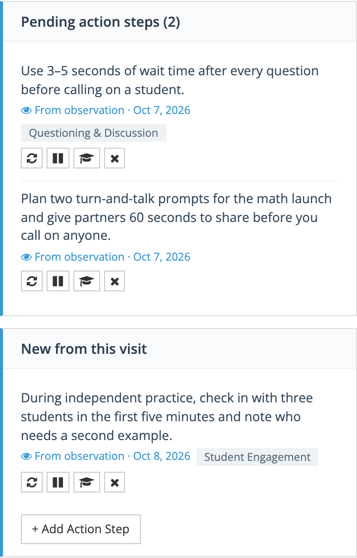 The Pending action steps and New from this visit panels, each step showing its description, source observation date, focus area, and the revise, defer, recommend, and remove controls