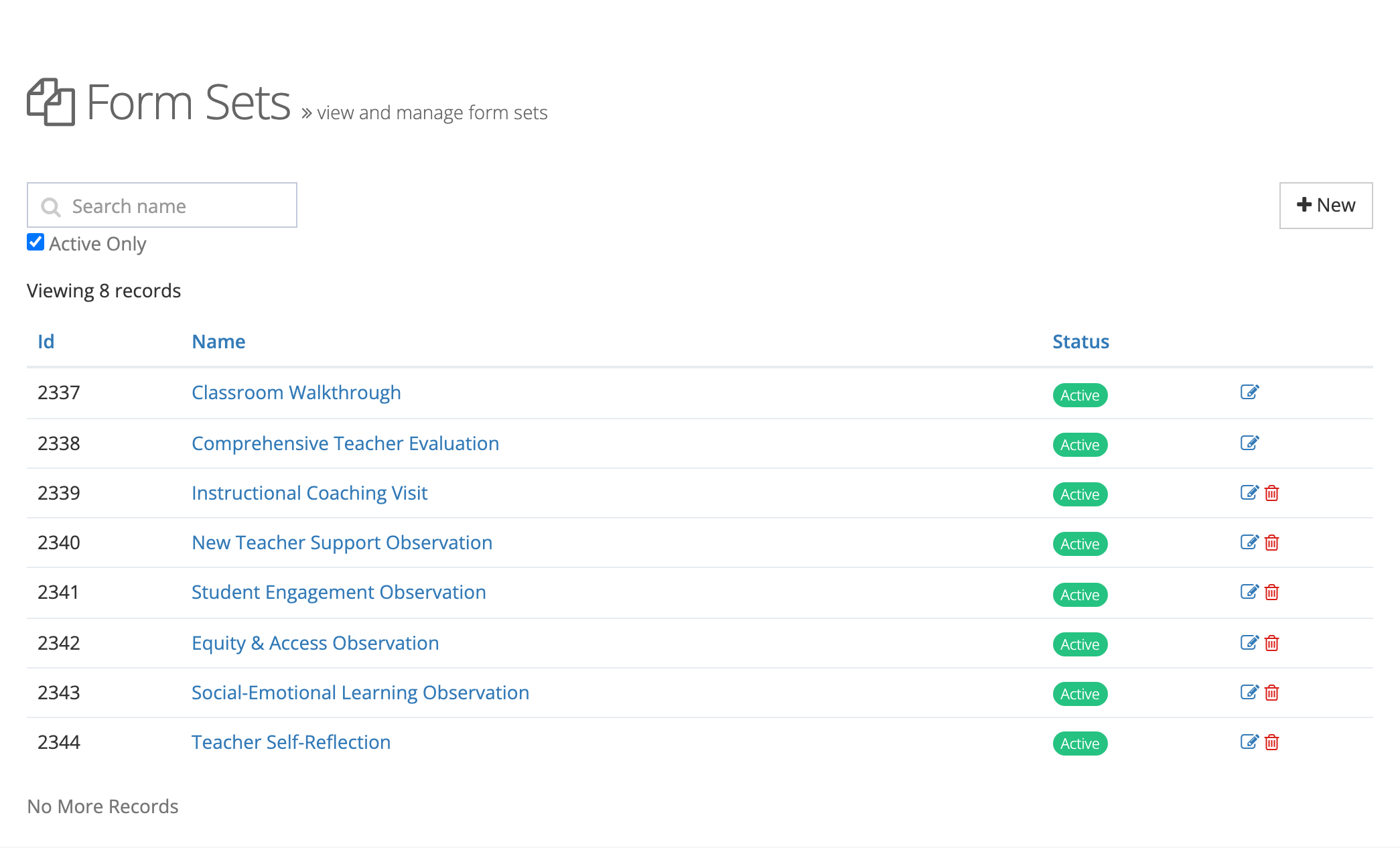 The Form Sets list showing eight active Cedar Hollow form sets, with a search box, an Active Only checkbox, and a New button