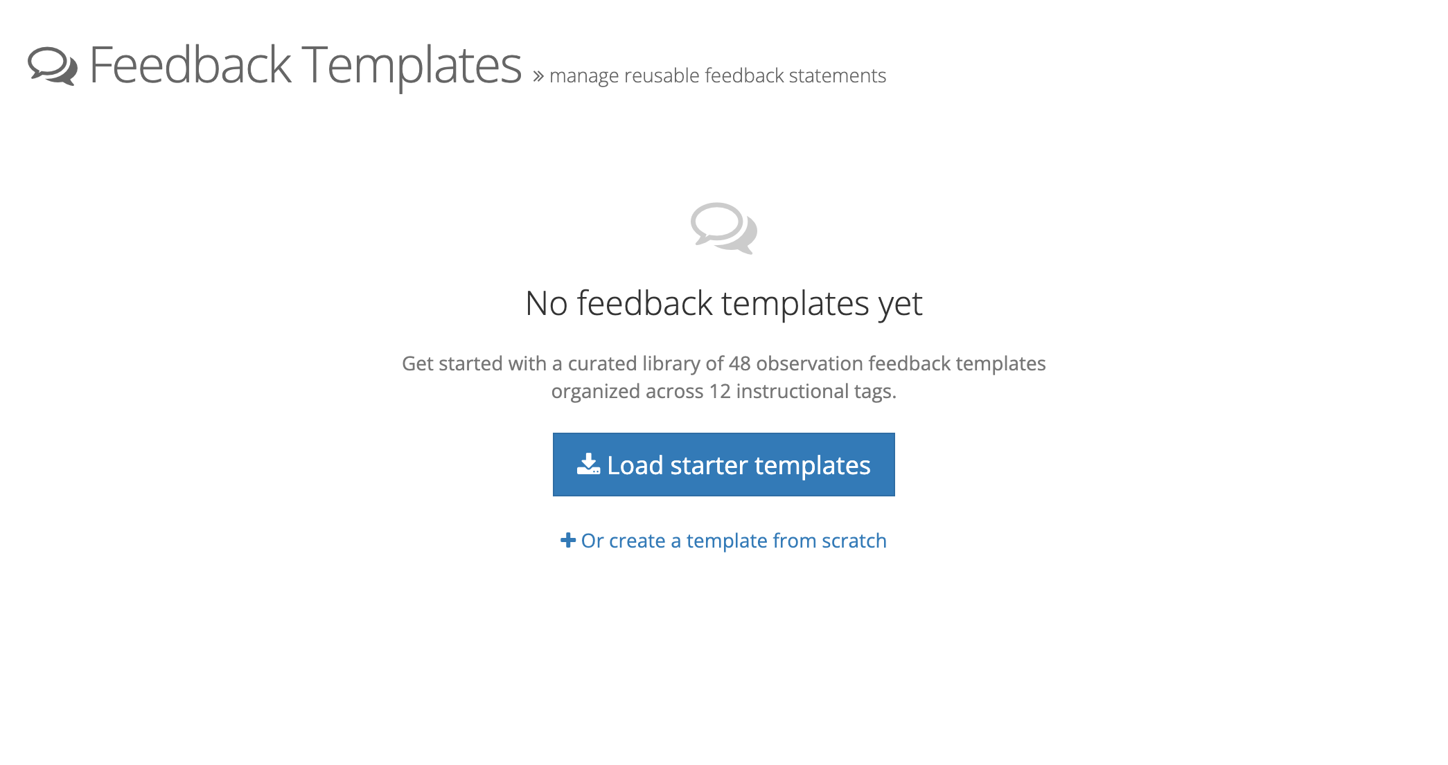 The Feedback Templates page with no templates yet, showing a Load starter templates button and an Or create a template from scratch link.