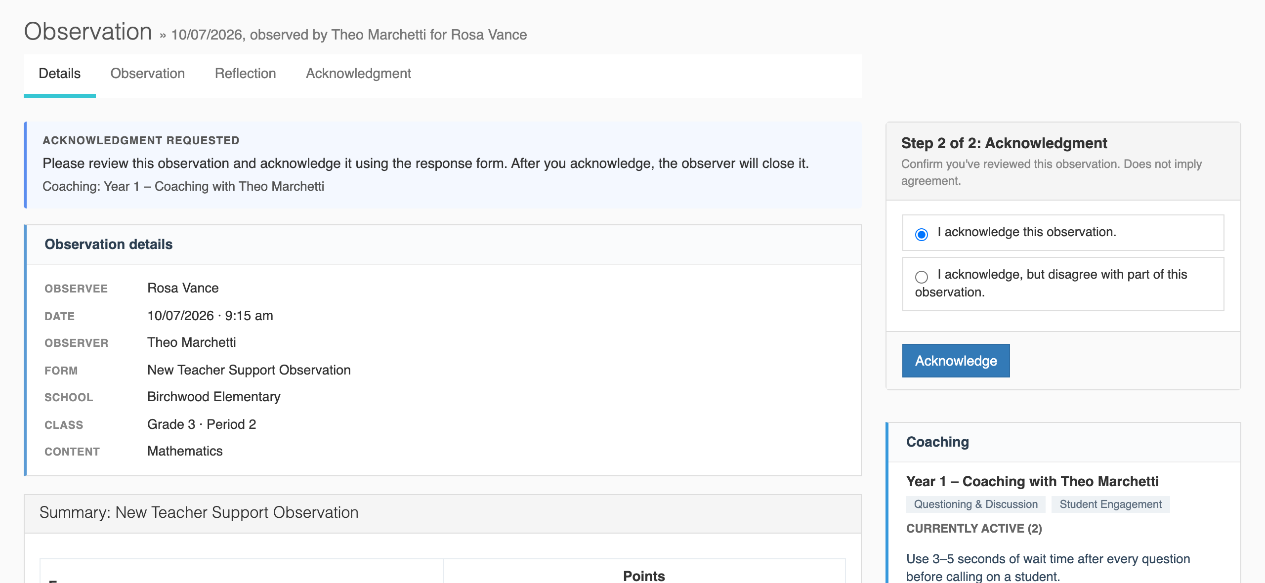 An observation opened from an email link, showing the Acknowledgment requested summary, the observation details, and the Step 2 of 2: Acknowledgment form on the right
