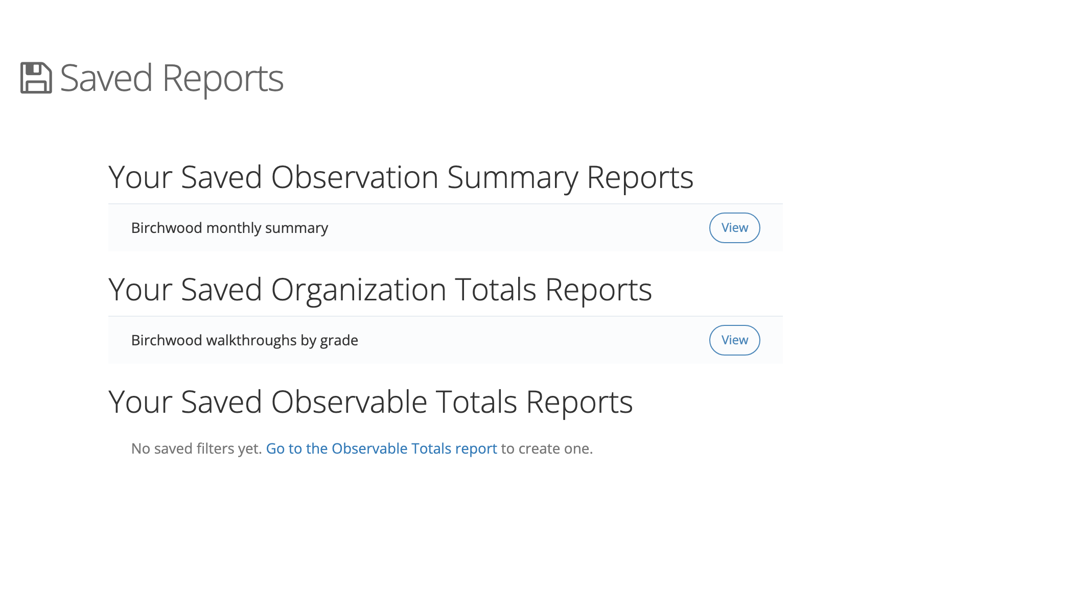 The Saved Reports page with three lists. The summary list holds Birchwood monthly summary, the Organization Totals list holds Birchwood walkthroughs by grade, each with a View button, and the Observable Totals list reads No saved filters yet with a link to the report.