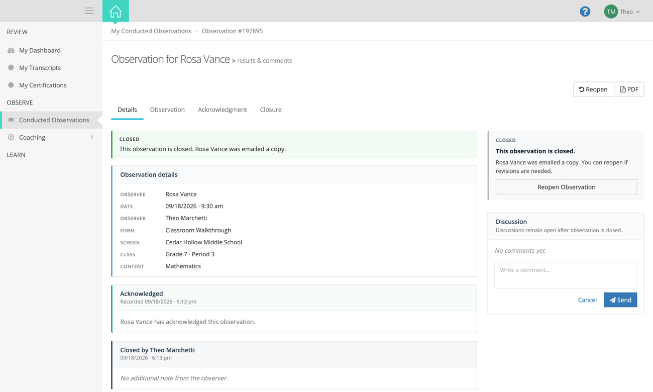 The same observation, now showing a Reopen button in the toolbar and a Reopen Observation card in the panel on the right
