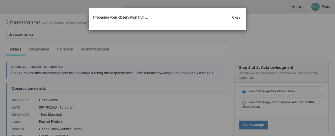 The teacher's observation page opened from the email link, with a Download PDF button and a message reading Preparing your observation PDF